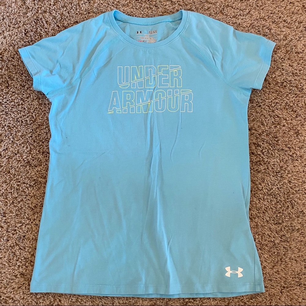 Under Armour t-shirt short sleeve crew neck graphic athletic blue YLG girls